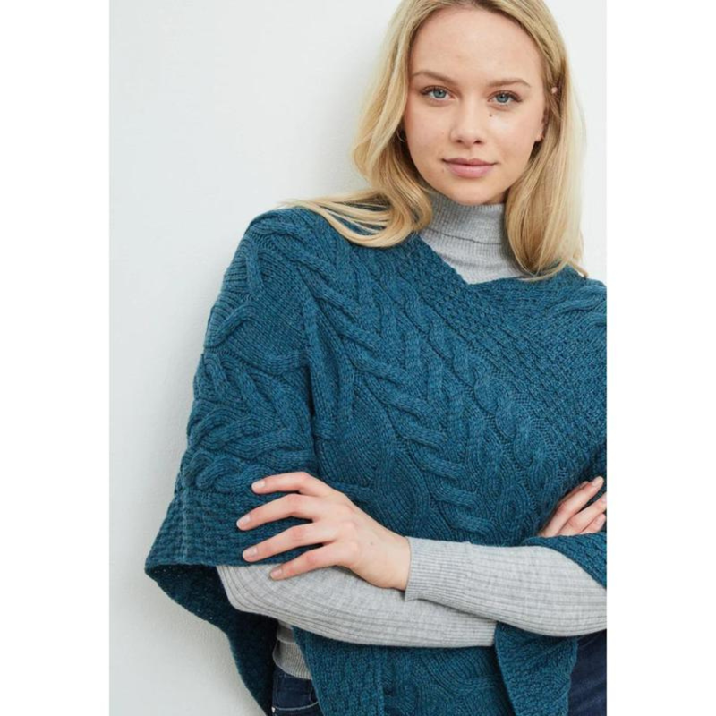 Ladies Aran Cable Knit Triangular Poncho Irish Sea